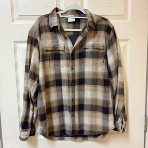 Columbia Men's Plaid Button Down Shirt - Black and Tan Large heavy weight